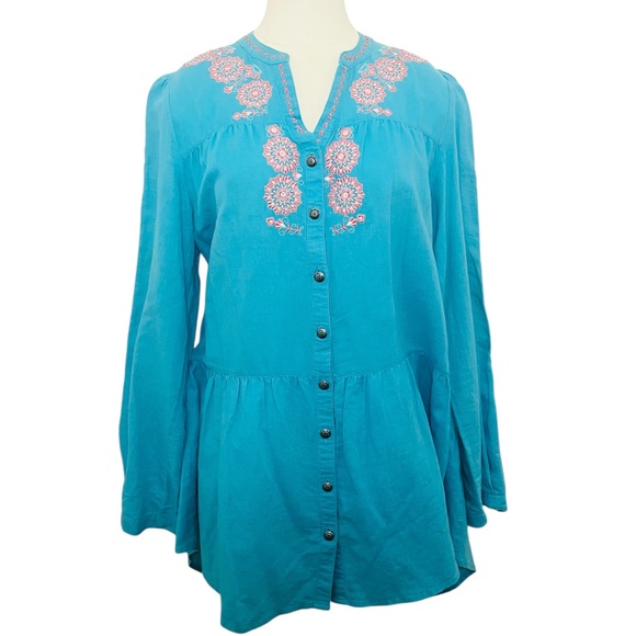 Tasha Polizzi Turquoise Long Sleeve Embroidered Linen Top Size Small - Picture 1 of 7